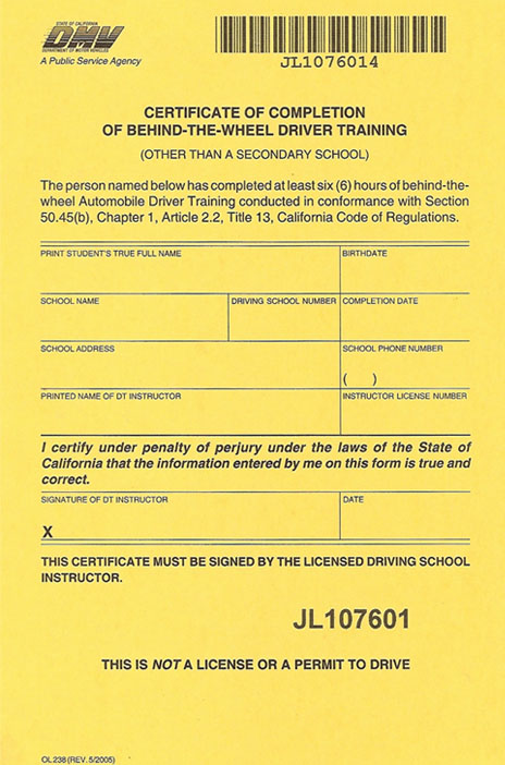 Certificate of Completion of Behind the wheel training
